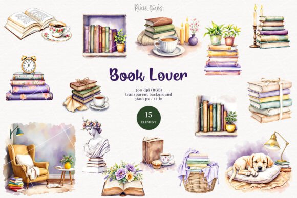 Download Watercolor Book Lover Elements, Bookworm - Color Collection