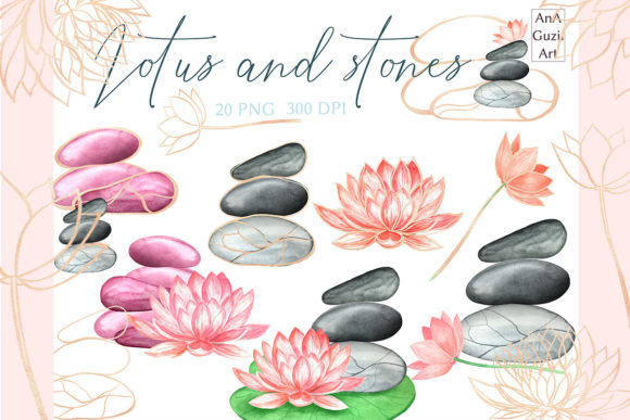 Download Lotus Flowers and Stones, Watercolor. - Premium Resources