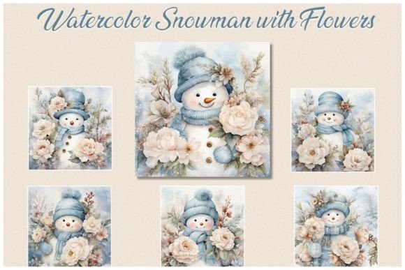 Download 6 Watercolor Snowman with Flowers – JPG - Color Collection