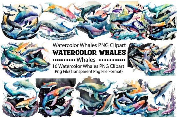 Download Watercolor Whales PNG Bundle - Color Collection